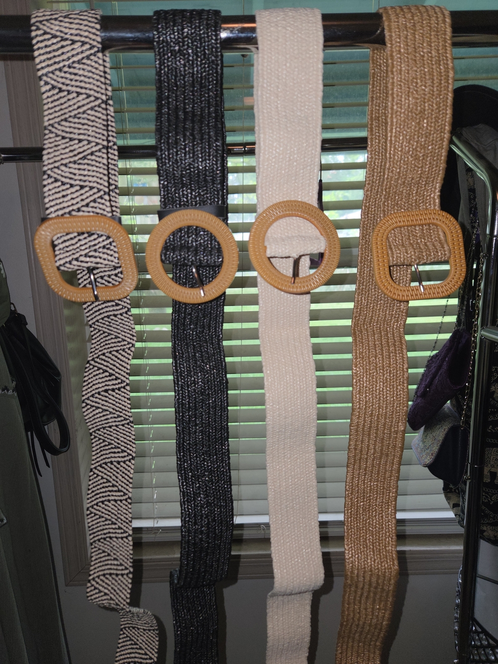 Woven Elastic Belt Set with Wood-Tone Buckle - Black, Cream, Tan, Patterned